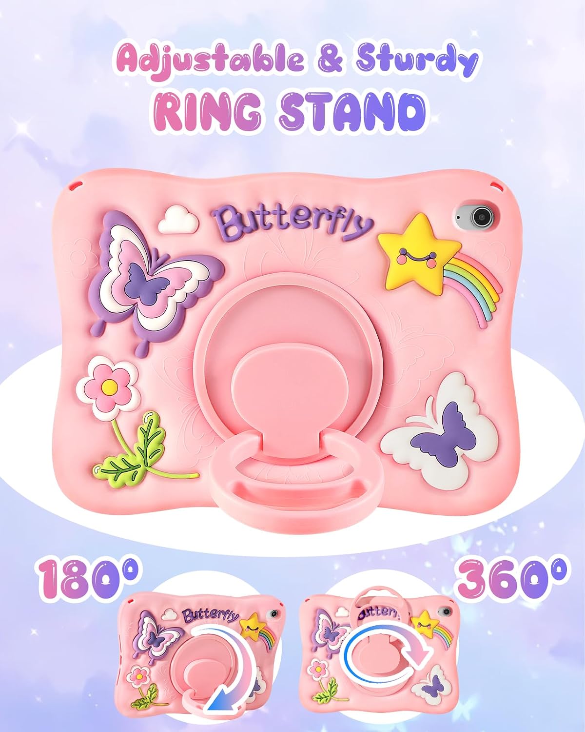Funda Kidcube para iPad de 10ª Generación de 10.9 Pulgadas 2022, para iPad A16 de 11ª Generación 2025 - para Niñas Linda Diseño 3D de Mariposa Kawaii con Soporte Giratoria y Correa, Funda de Silicona
