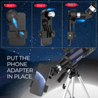 Telescopio para niños y principiantes, 2.756 in de apertura (15X-150X) AZ Mount Telescopios para astronomía, telescopio refractor portátil con trípode, adaptador de teléfono