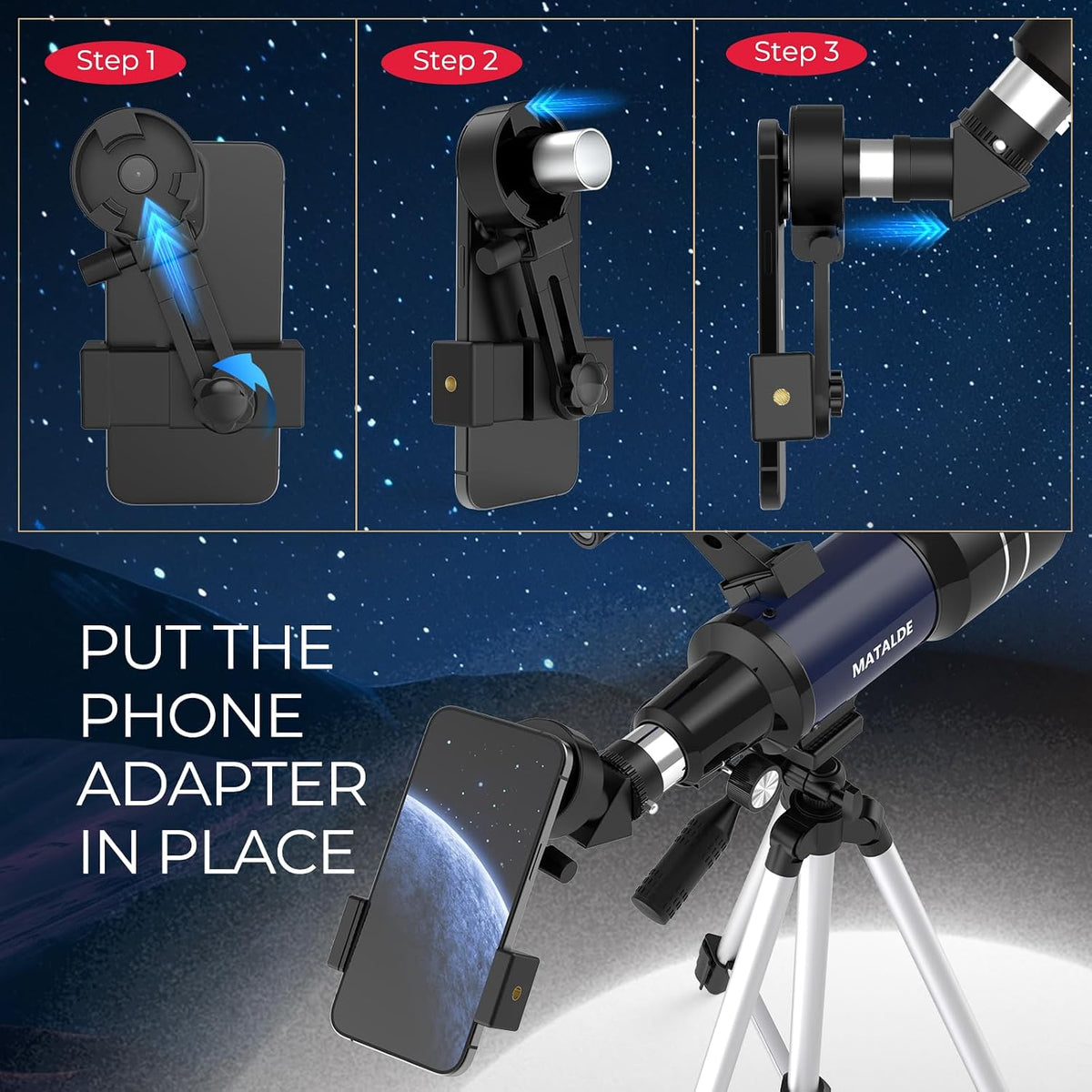 Telescopio para niños y principiantes, 2.756 in de apertura (15X-150X) AZ Mount Telescopios para astronomía, telescopio refractor portátil con trípode, adaptador de teléfono