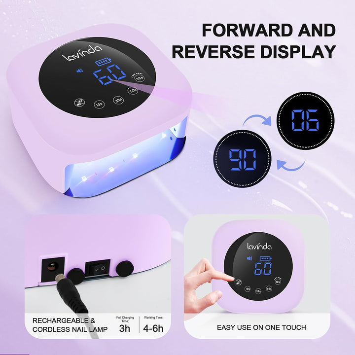 Lavinda Lámpara LED de uñas de 54 W, recargable e inalámbrica, luz...