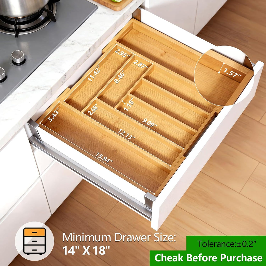 Pipishell Organizador de cajones extensible de bambú para soporte de utensilios, bandeja de cubiertos ajustable, organizador de separadores de cajones de madera para cubiertos, cubiertos, cuchillos en cocina, dormitorio, sala de estar