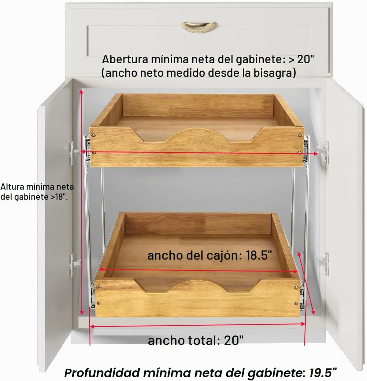 DINDON Organizador de cajones extraíble de 2 niveles (20 pulgadas de ancho x 18 pulgadas de profundidad) Cajón deslizante de madera de doble nivel para almacenamiento y organización debajo del