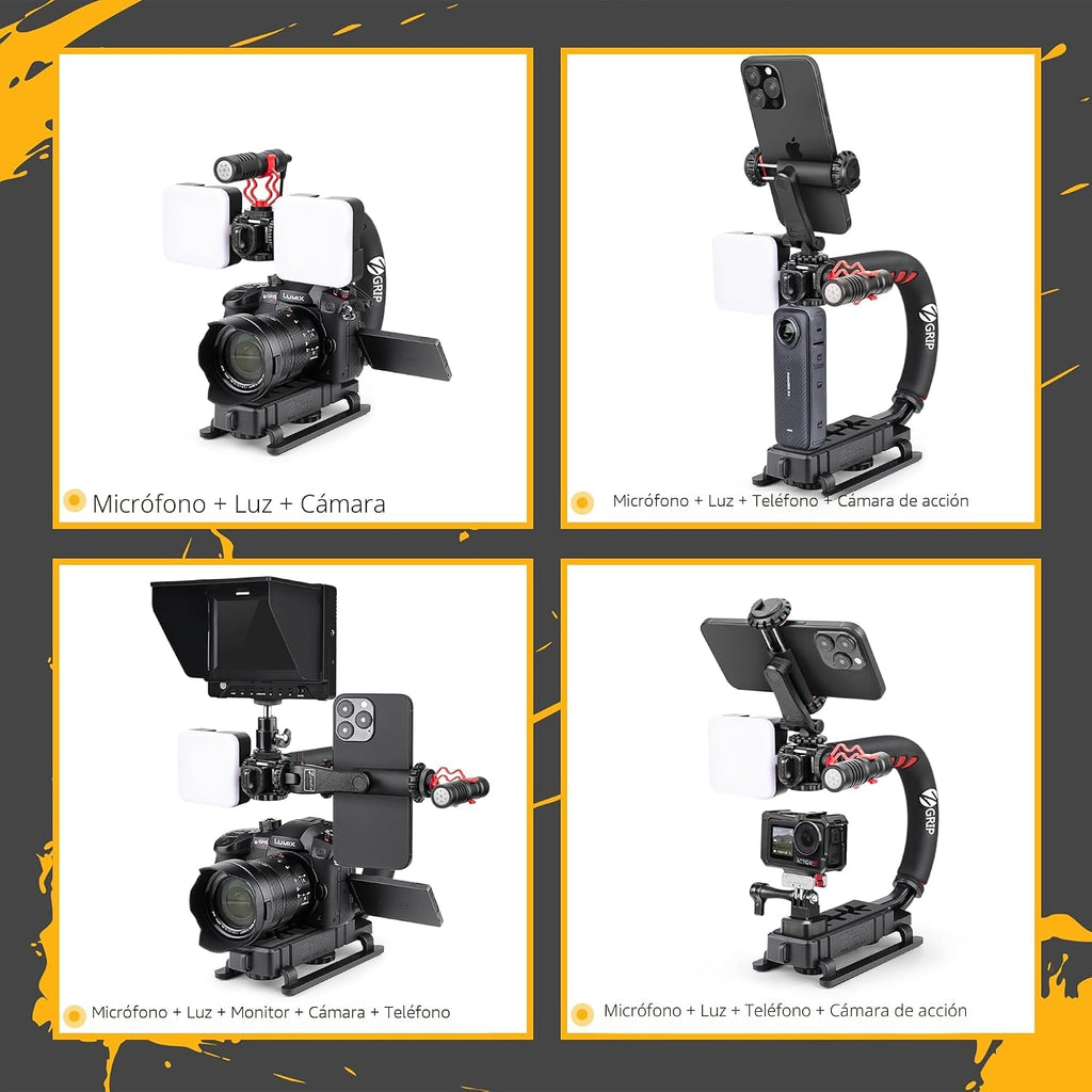 Zeadio Estabilizador de mano de video, kit de agarre de mango de cámara todo en uno con luz de video LED regulable, micrófono, soporte para teléfono, adaptador de cámara de acción para cine, vlogging, YouTube, TikTok, etc