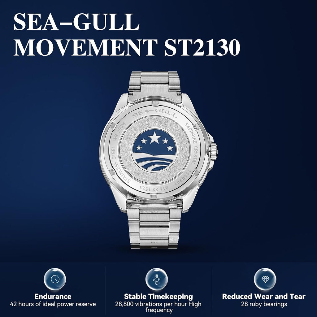 SEA-GULL - Reloj automático Seagull para hombre, correa de acero inoxidable, impermeable hasta 200M, mecánico con calendario luminoso, reloj de pulsera para negocios, casual, buceo para hombres