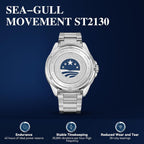 SEA-GULL - Reloj automático Seagull para hombre, correa de acero inoxidable, impermeable hasta 200M, mecánico con calendario luminoso, reloj de pulsera para negocios, casual, buceo para hombres