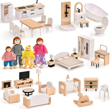 Set de muebles para casa de muñecas Toyssa, 36 piezas de madera de...