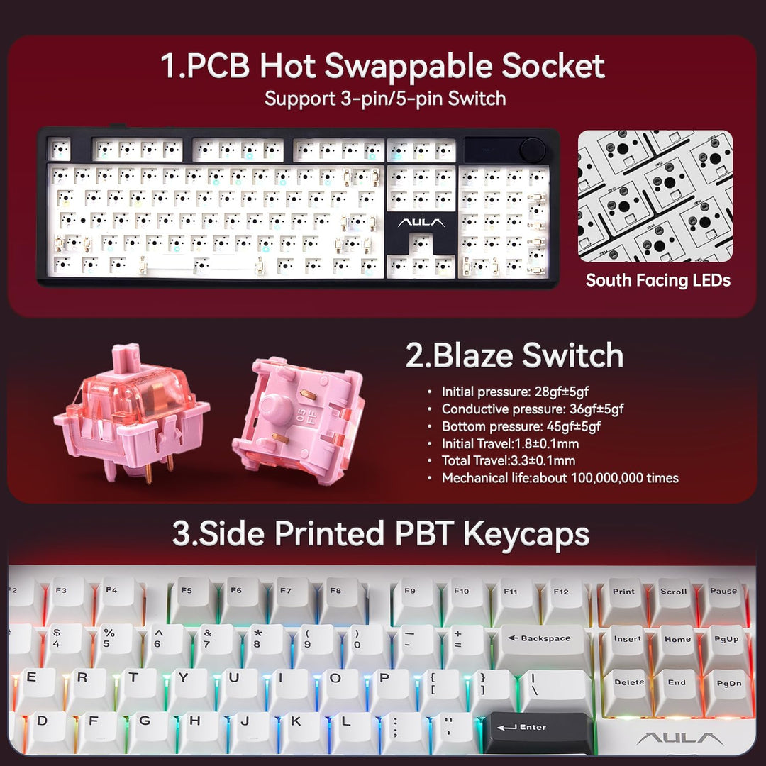 AULA Teclado inalámbrico F106PRO, teclado mecánico de tamaño comple...