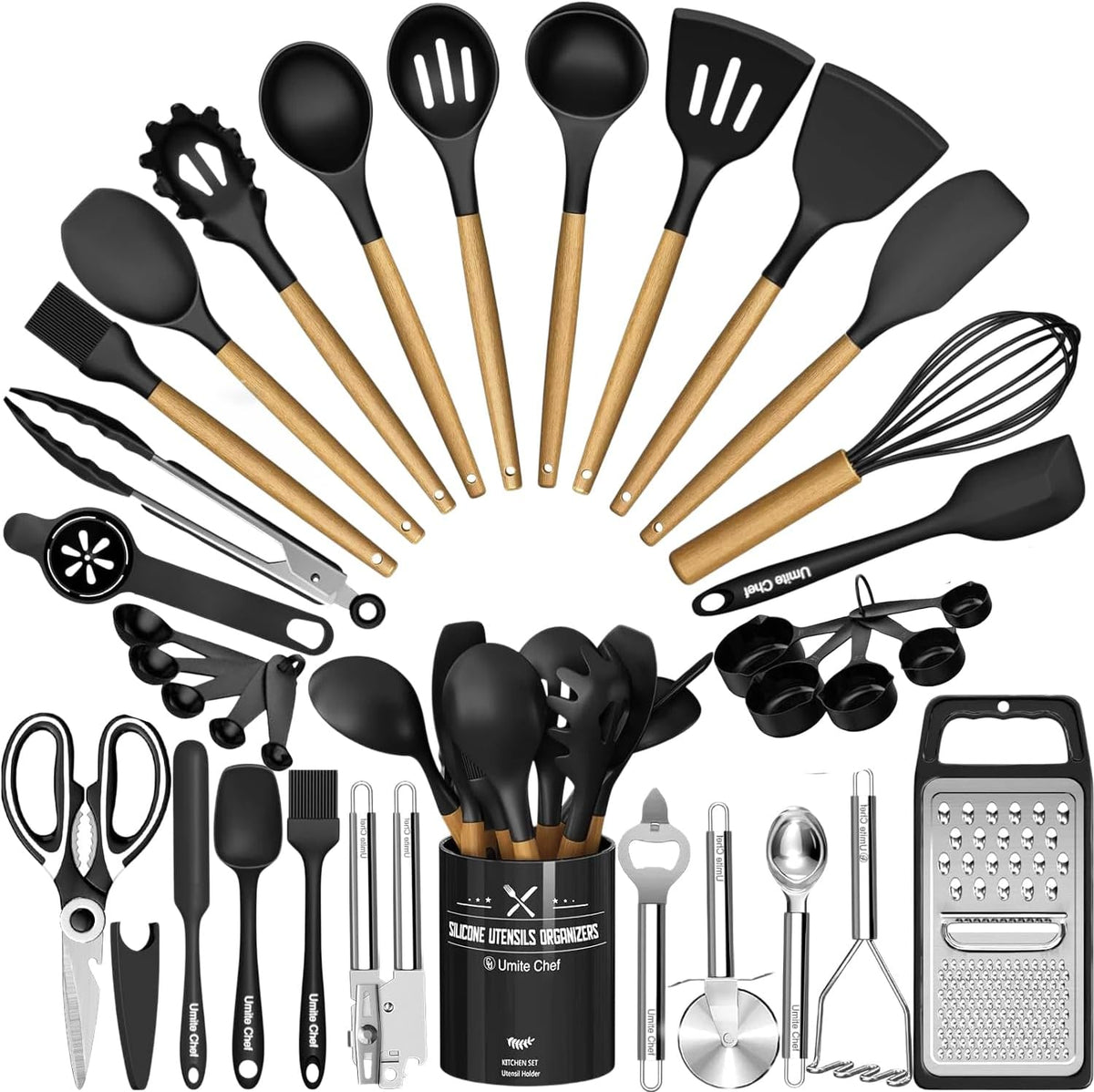 Umite Chef - Juego de utensilios de cocina de silicona con soporte, juego de espátulas de cocina resistentes al calor para utensilios de cocina antiadherentes, asas de madera negras, juego de