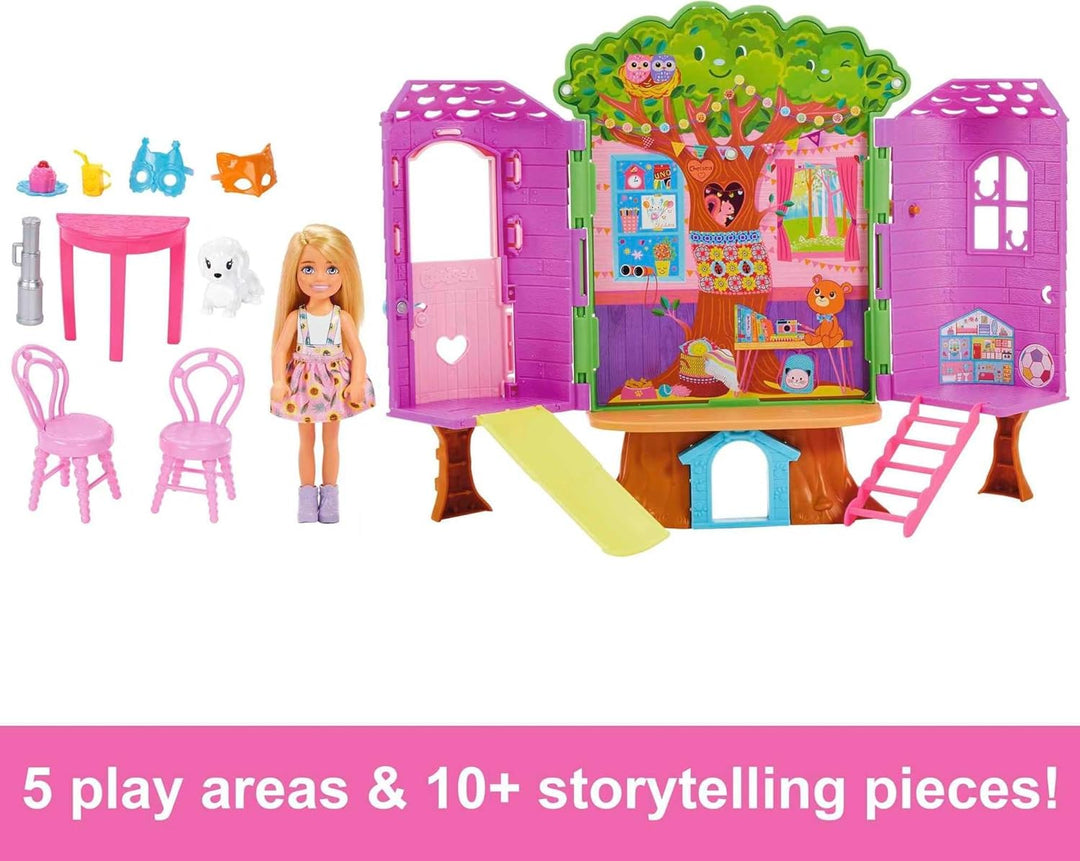 Muñeca Chelsea de Barbie y juego de casa de árbol con cachorro