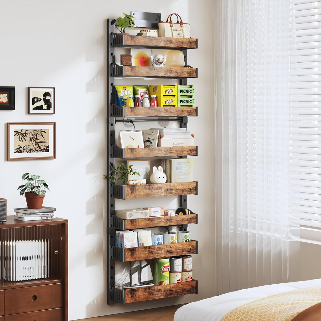 Organizador de despensa de 8 niveles sobre la puerta, soporte de pared de metal resistente o estante de especias colgante, estantes de almacenamiento detrás de la puerta con cesta ajustable, organizador trasero de puerta para armario de cocina y armario
