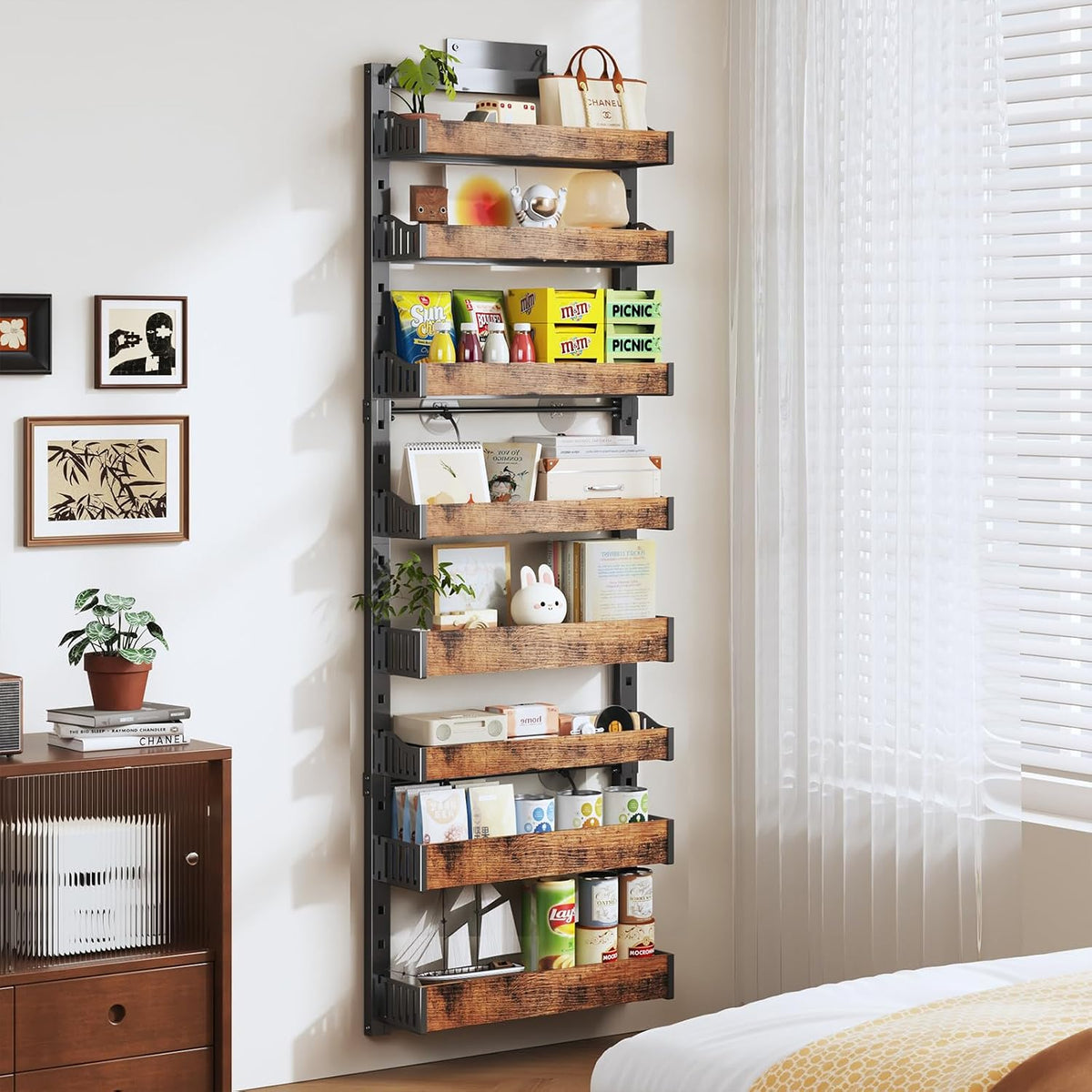 Organizador de despensa de 8 niveles sobre la puerta, soporte de pared de metal resistente o estante de especias colgante, estantes de almacenamiento detrás de la puerta con cesta ajustable, organizador trasero de puerta para armario de cocina y armario