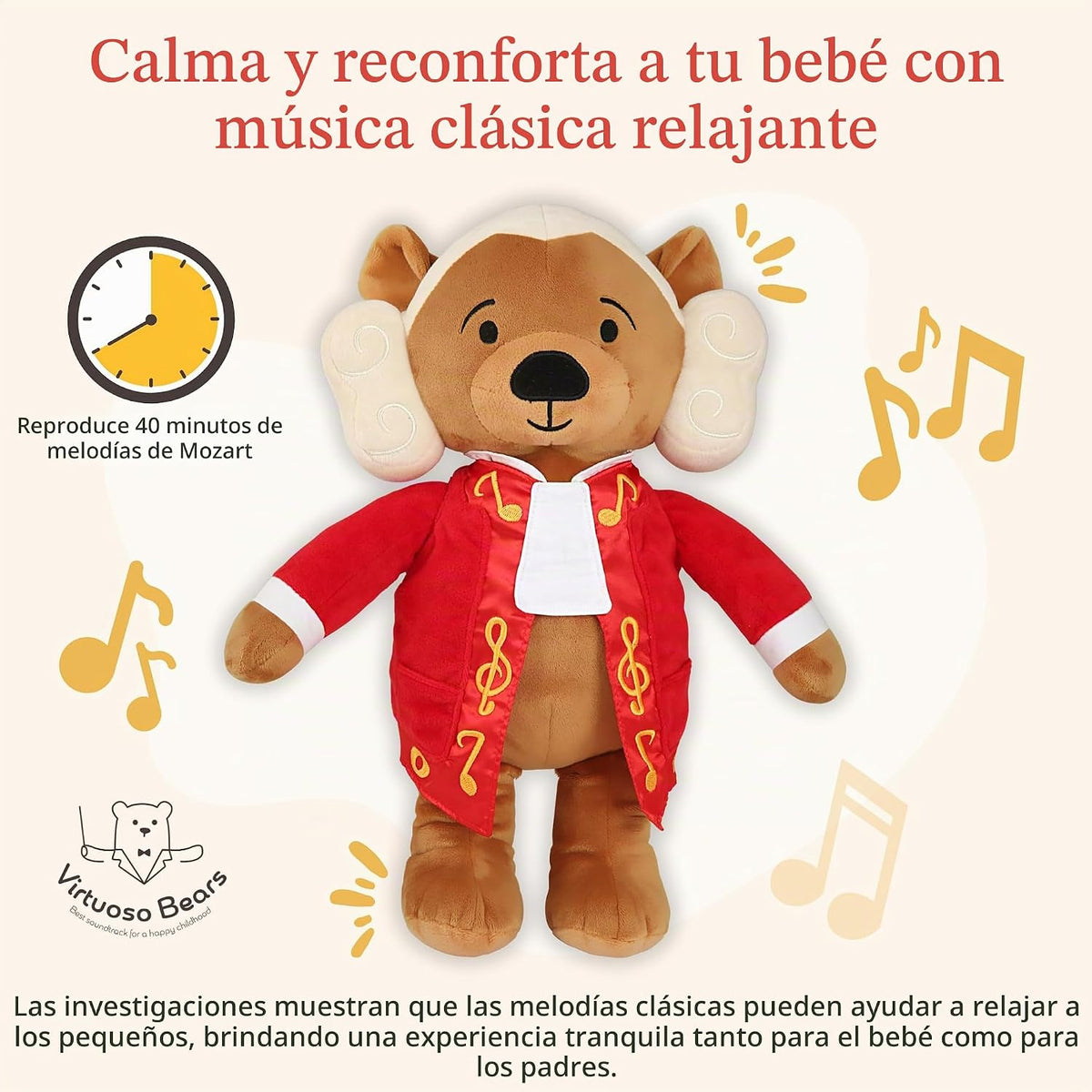 Amadeus Mozart Oso de Peluche – Reproduce 40 Minutos de Música Clásica, Oso de Peluche Interactivo Educativo y Tranquilizante para Bebés y Niños Pequeños, Perfecto