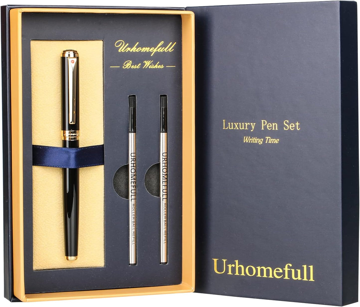Bolígrafo Rollerball de Lujo Impresionante con Ribete de Oro de 24K, Punta Suiza con Repuestos de Tinta Negra, Juego de Bolígrafo Perfecto como Regalo para Hombres y Mujeres, Juego de