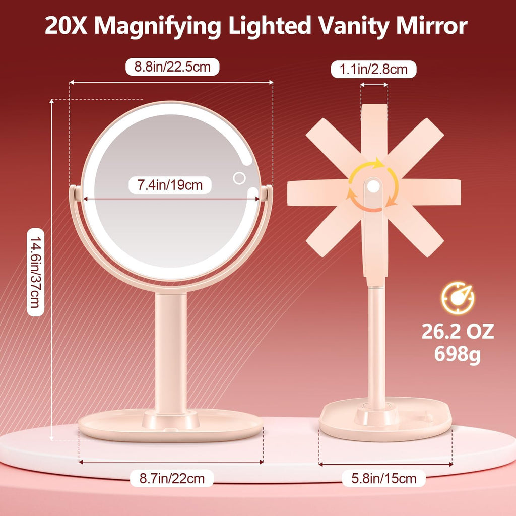 MIYADIVA Espejo de maquillaje con luces, espejo de aumento 20X con luz e interruptor táctil, espejo de tocador con 3 luces de color y 80 LED, espejos ampliados iluminados de 2 lados de 8.8 pulgadas, rosa