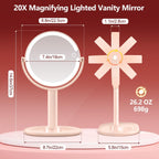 MIYADIVA Espejo de maquillaje con luces, espejo de aumento 20X con luz e interruptor táctil, espejo de tocador con 3 luces de color y 80 LED, espejos ampliados iluminados de 2 lados de 8.8 pulgadas, rosa