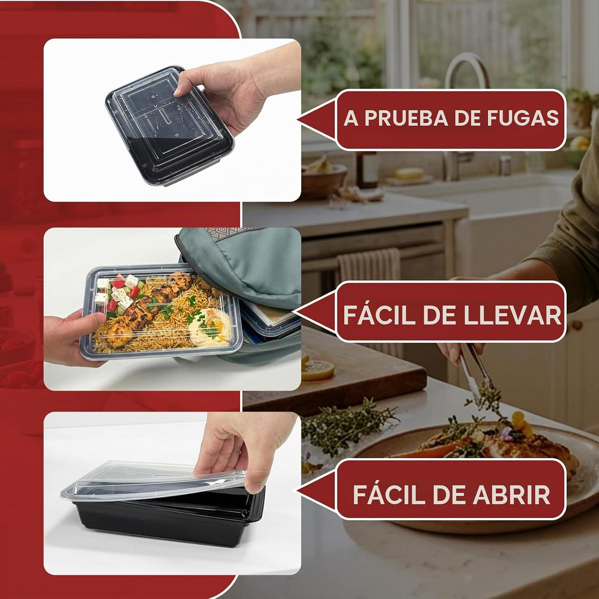 Paquete de 100 recipientes (200 piezas) de 24 onzas para preparación de comidas reutilizables, con tapas, resistentes a prueba de fugas, recipientes de plástico para llevar para microondas