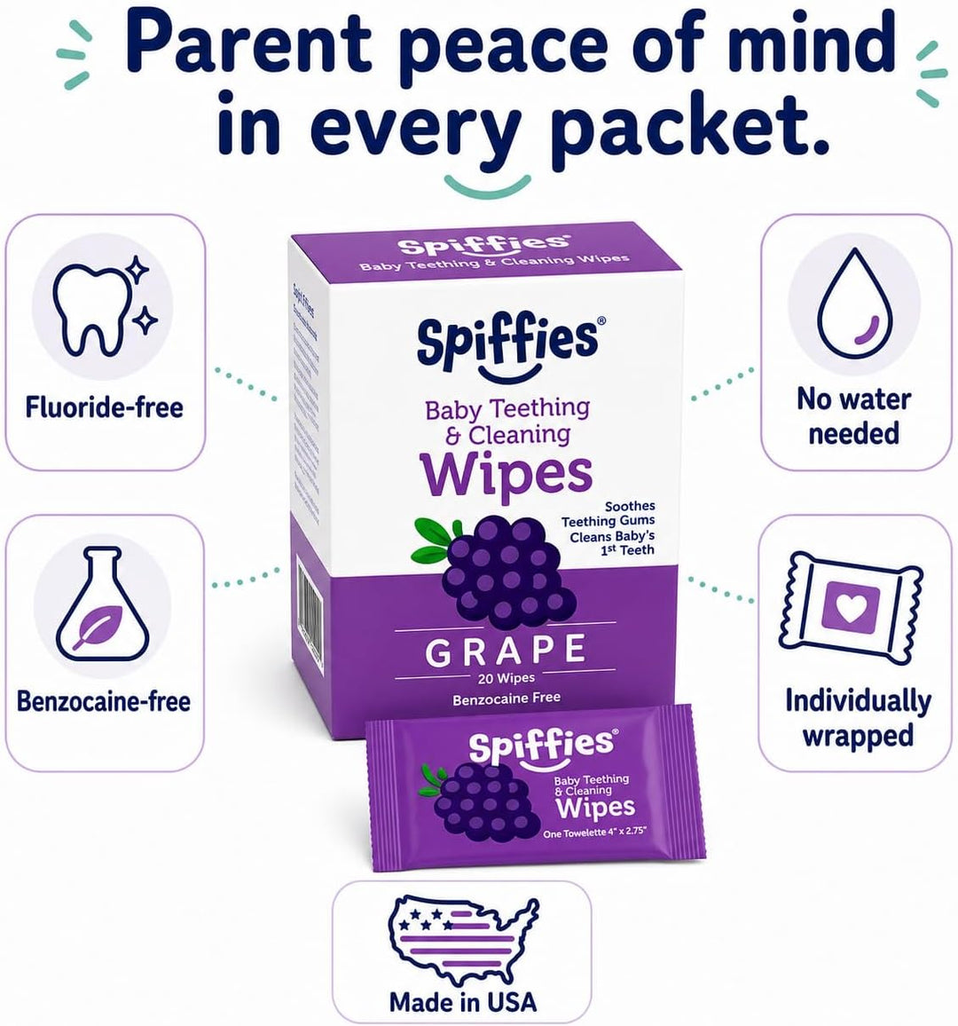 Spiffies Toallitas para dientes de bebé, sabor a uva, limpiador de...