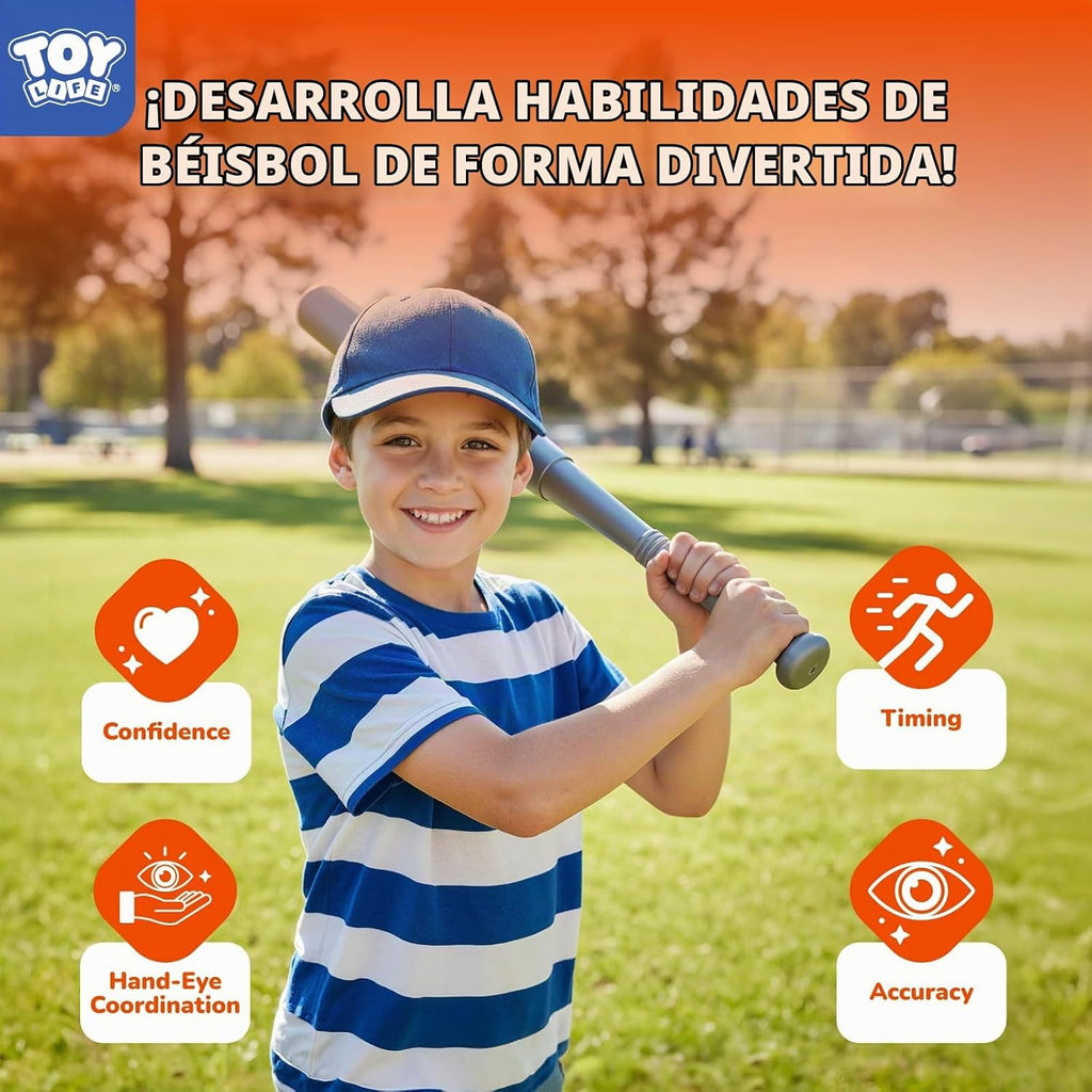 TOY Life Máquina de lanzamiento de béisbol para niños, juego de pelota de entrenamiento – Lanzador automático de máquina de lanzar para niños pequeños con 7 bolas, bate y guantes pegajosos | Juguete de béisbol Pop y Pitch para niños y niñas de 5 a 12 años