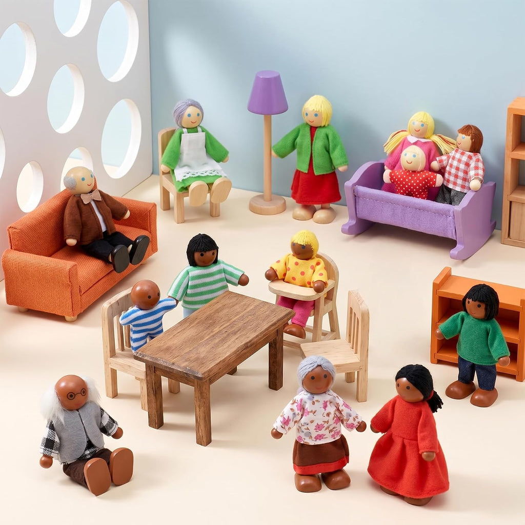 14 figuras de madera de personas de casa de muñecas, muñecas de madera posables para niñas y niños pequeños, juguete de simulación multicultural