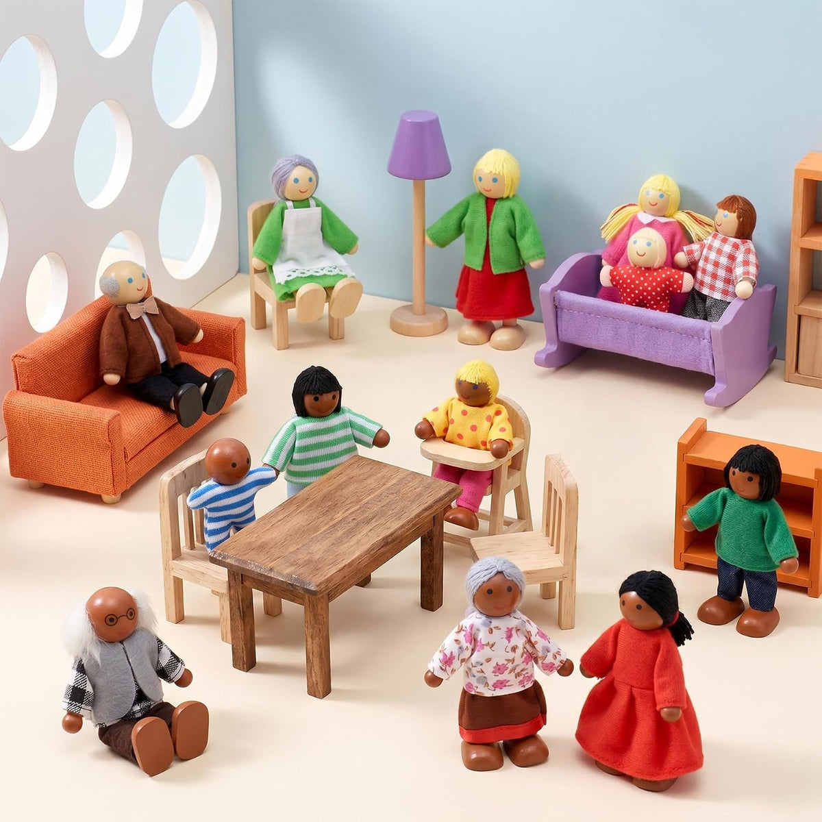 14 figuras de madera de personas de casa de muñecas, muñecas de madera posables para niñas y niños pequeños, juguete de simulación multicultural