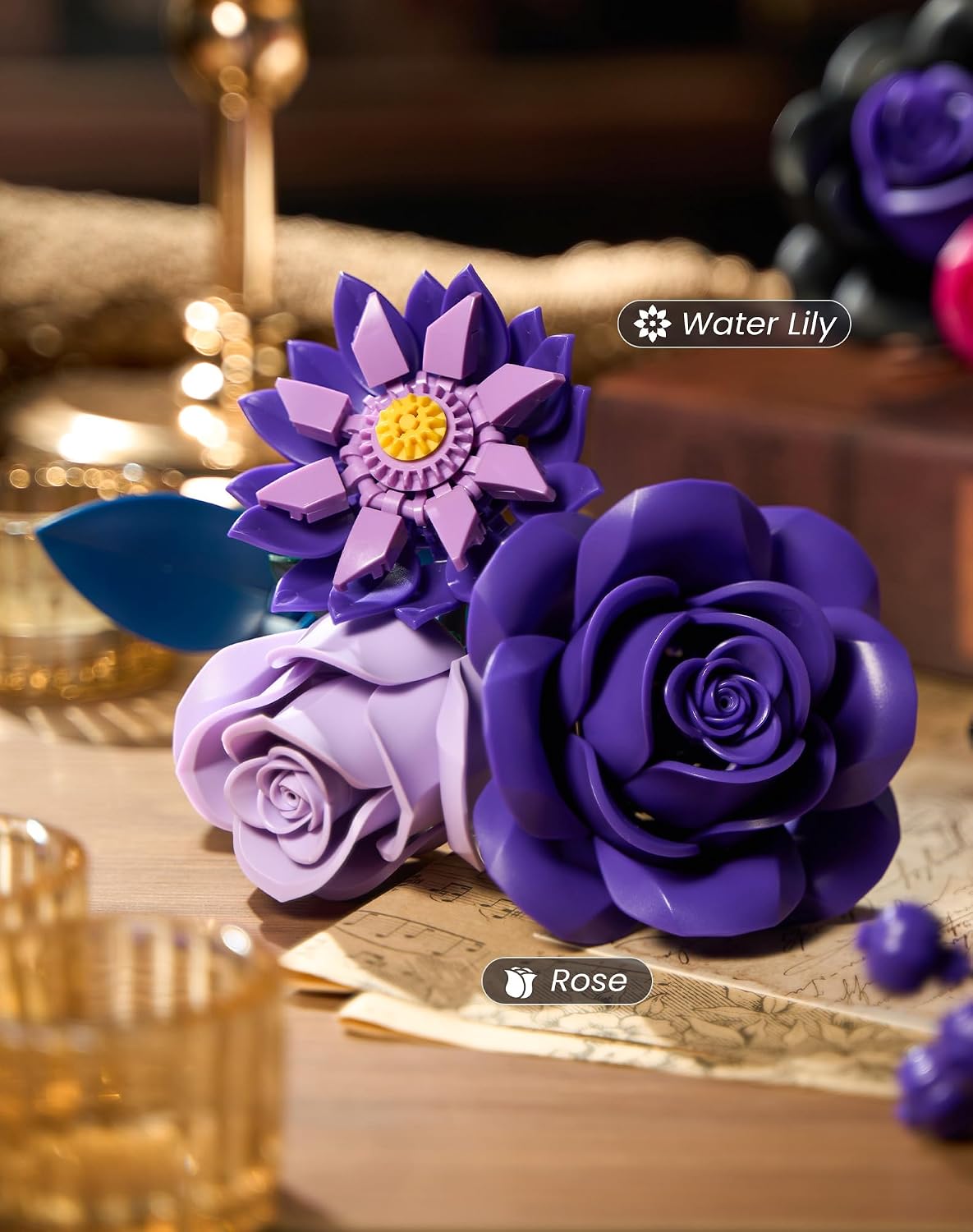 iATOM Juego de construcción de ramo de flores, kits de colección botánica de rosas moradas para mujeres adultas, regalo para el día de la madre para ella/mamá/novia/esposa/pareja, decoración gótica moderna de mesa para el hogar y la oficina
