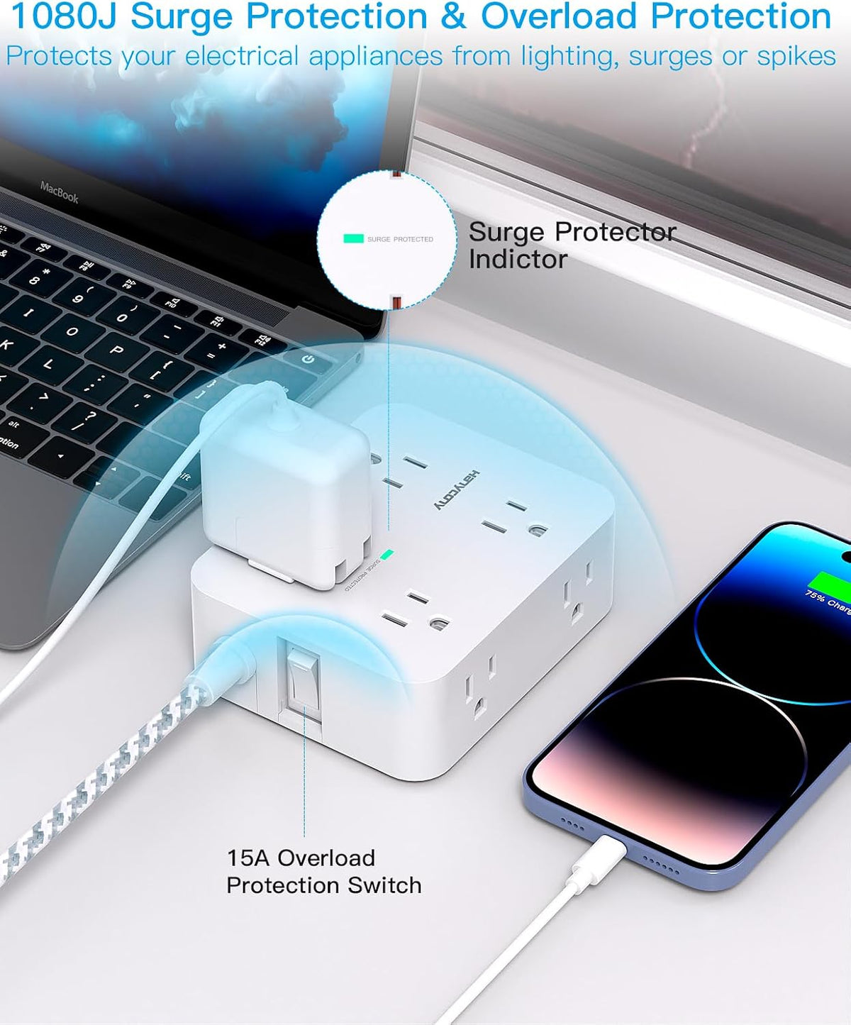 HANYCONY - Regleta protectora de sobretensiones de 10 pies, cable de extensión con 8 salidas de CA, 4 puertos USB (2 USB C), enchufe plano, estación de carga USB para escritorio de montaje en pared