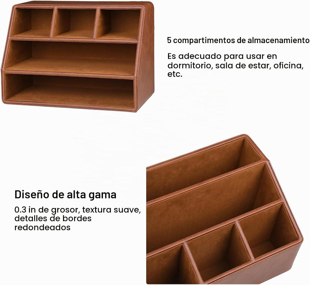 Organizador de Escritorio de Cuero PU, Soporte de Control Remoto de Lujo para el Hogar, Accesorios de Escritorio de Oficina Caddy de Mesa Organizador de Mesita de Noche (Marrón)