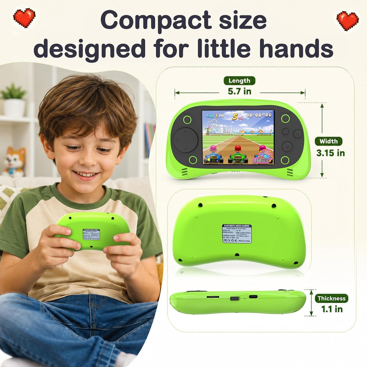 Juego de mano para niños: 230 videojuegos retro precargados, pantalla grande de 3.5 pulgadas y batería recargable USB-C, juguete de arcade portátil de regalo para niños y niñas (verde)