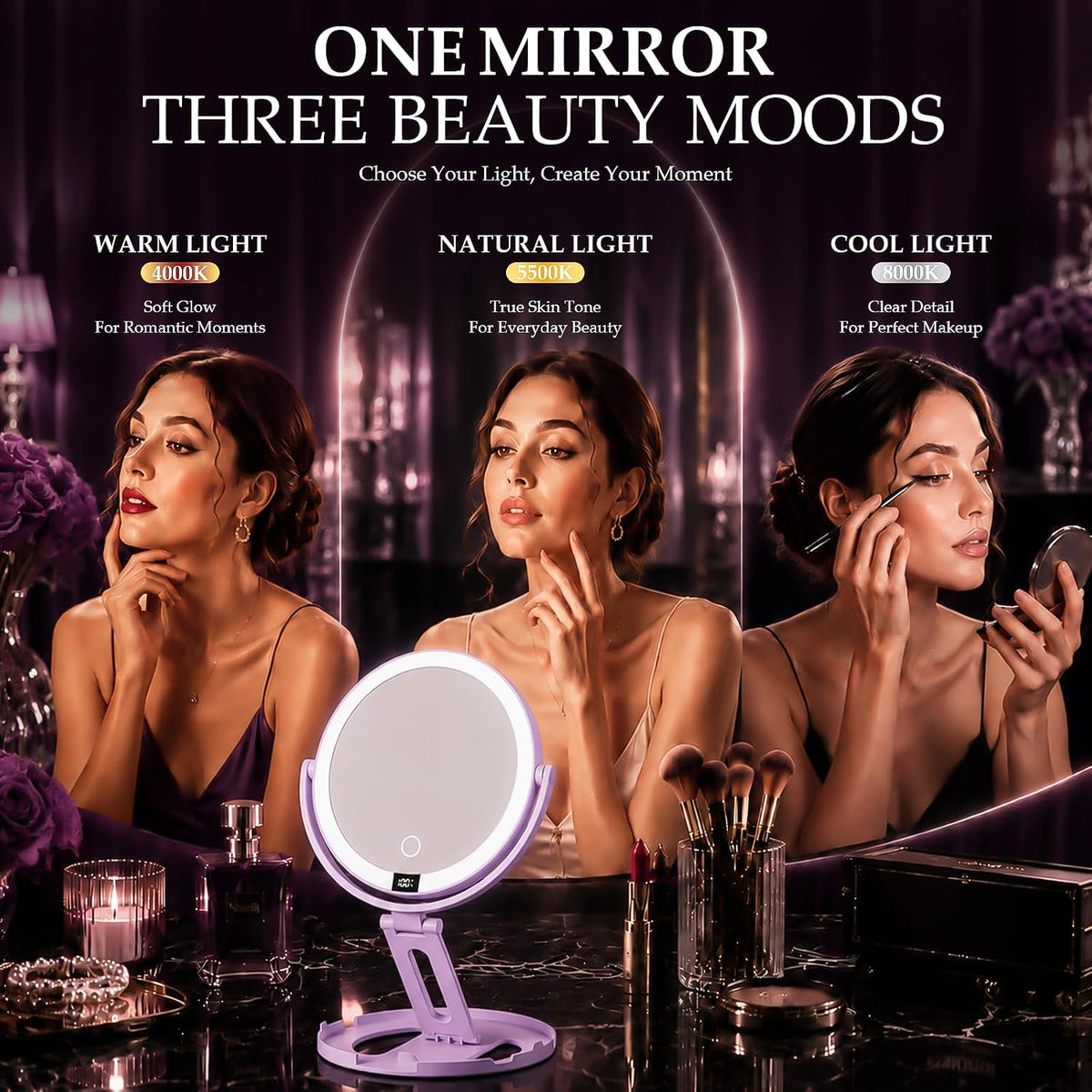 Espejo de maquillaje de viaje con luces, espejo de aumento de doble cara 1X