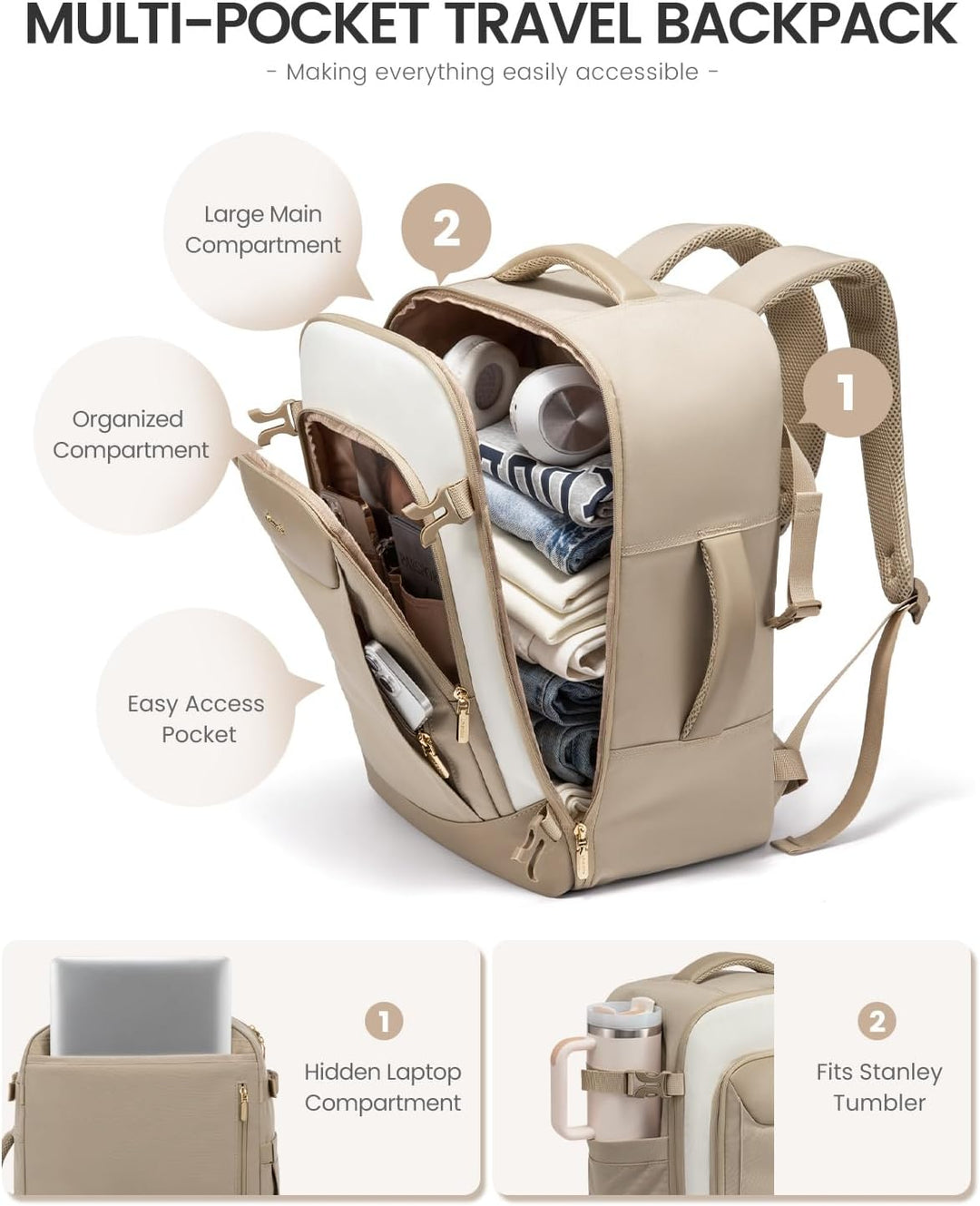 LOVEVOOK Mochila de viaje de 40 L para mujeres y hombres, mochila g...
