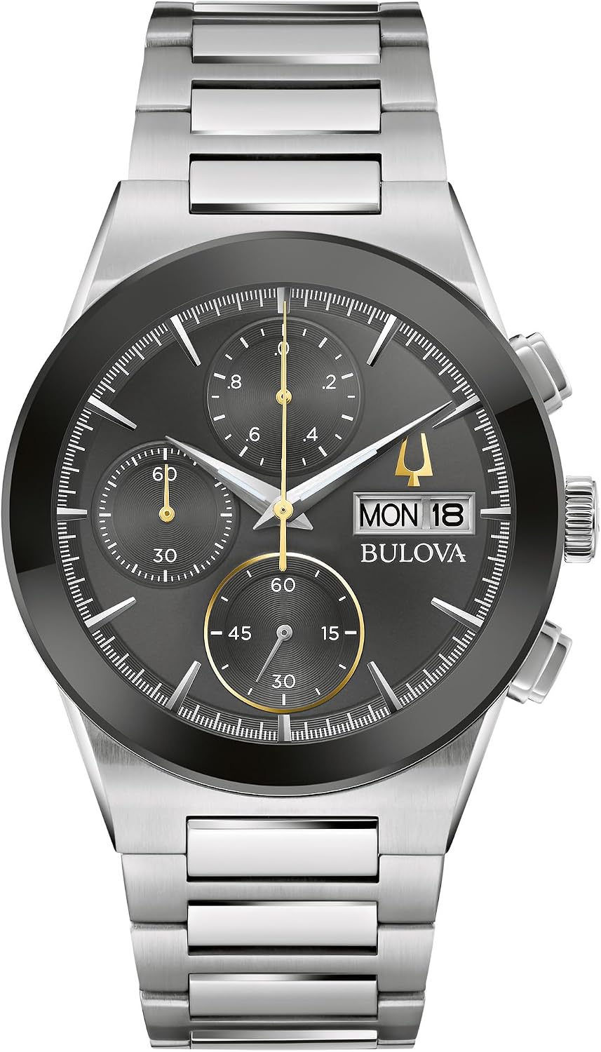 Bulova Reloj cronógrafo Modern Millenia para hombre de cuarzo de acero inoxidable de 6 manecillas, día/fecha, cristal de borde a borde, 41mm