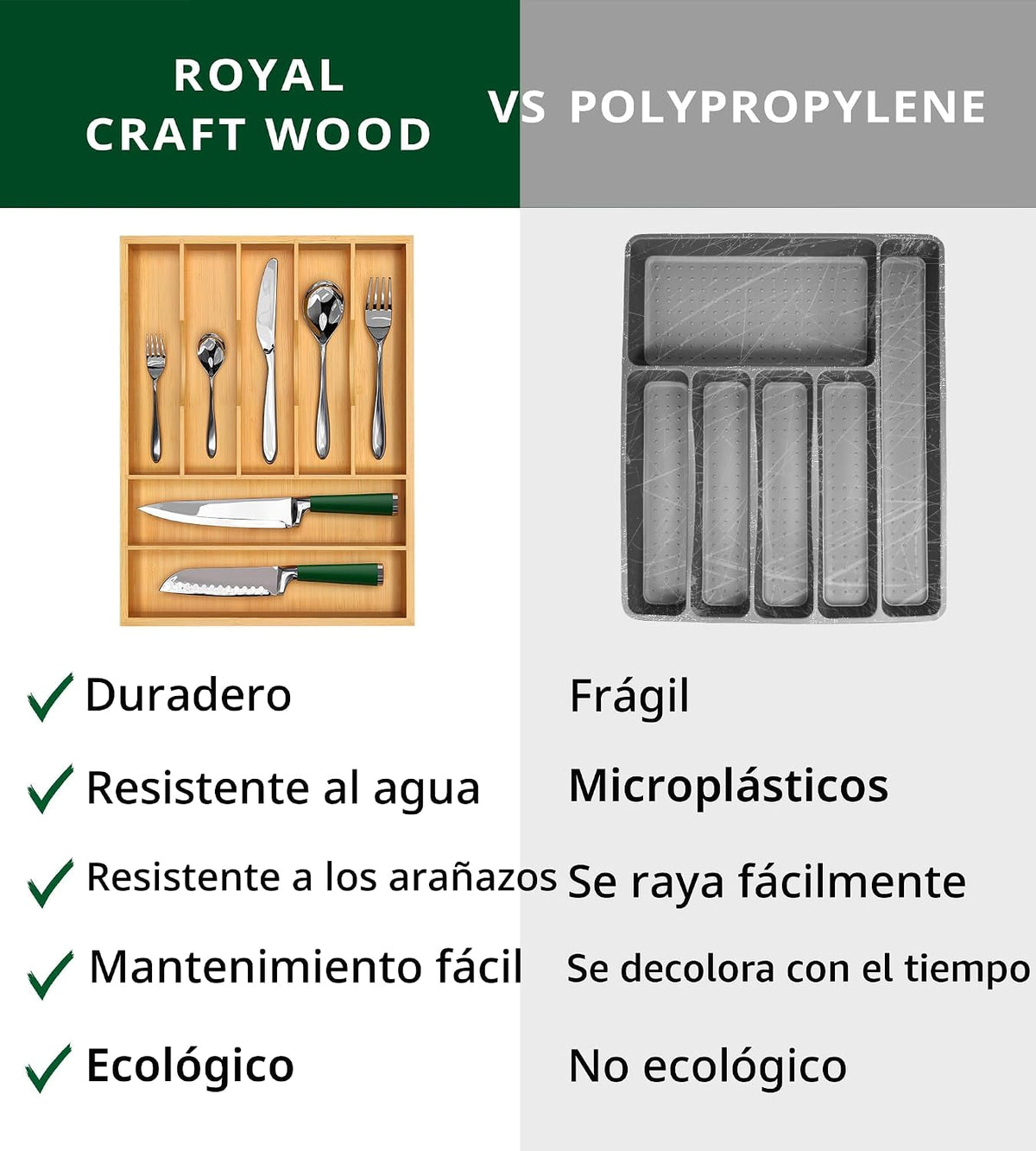ROYAL CRAFT WOOD Estante de Utensilios de Bambú de Lujo y Organizador de Cubiertos, Organizador de Cajón de Cocina - Soporte de Utensilios y Bandeja de Cubiertos con Divisores de Cajón Ranurados para