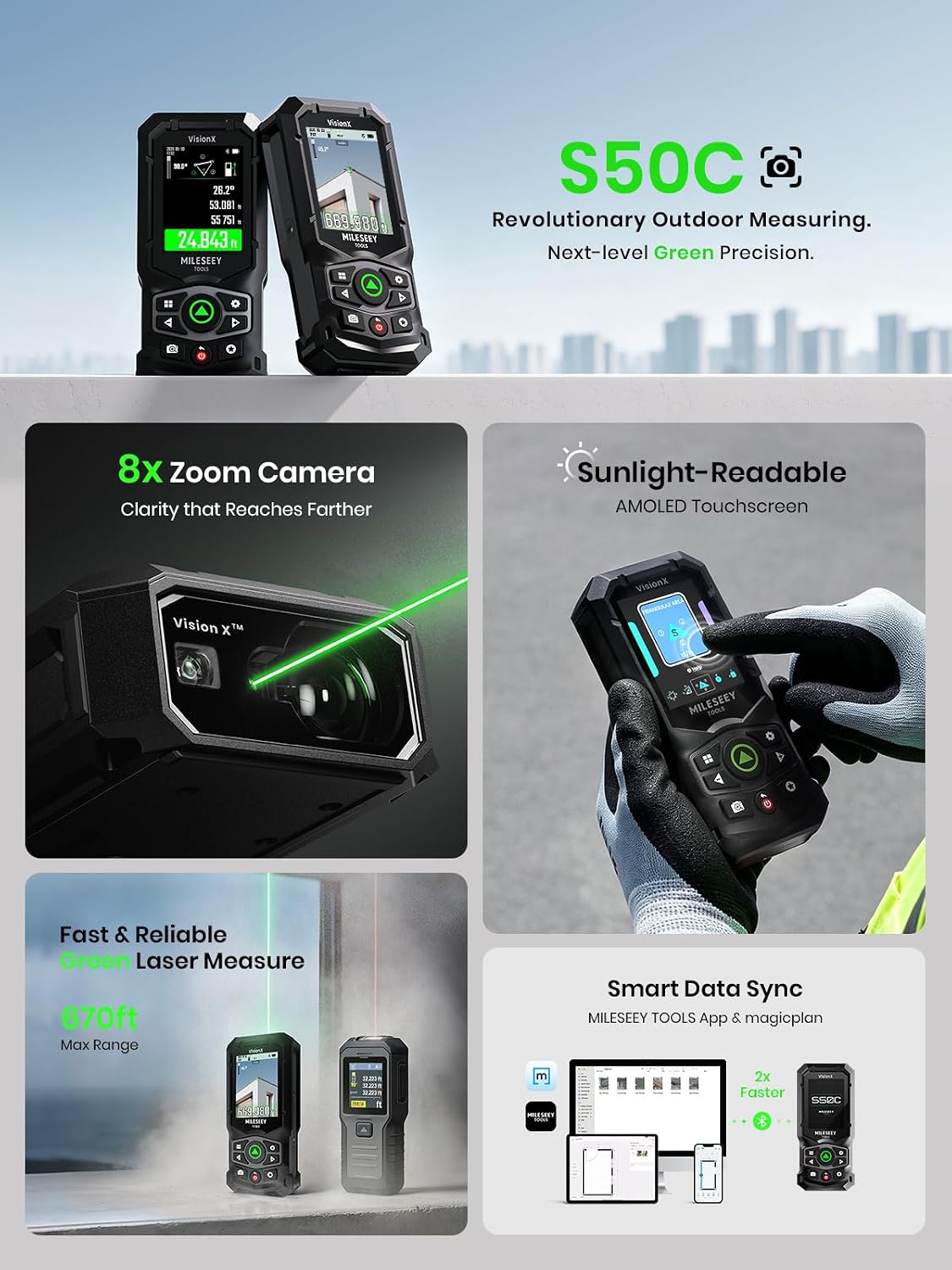 MILESEEY Medidor láser verde S50C con cámara, zoom digital de 8 ×, 670 pies