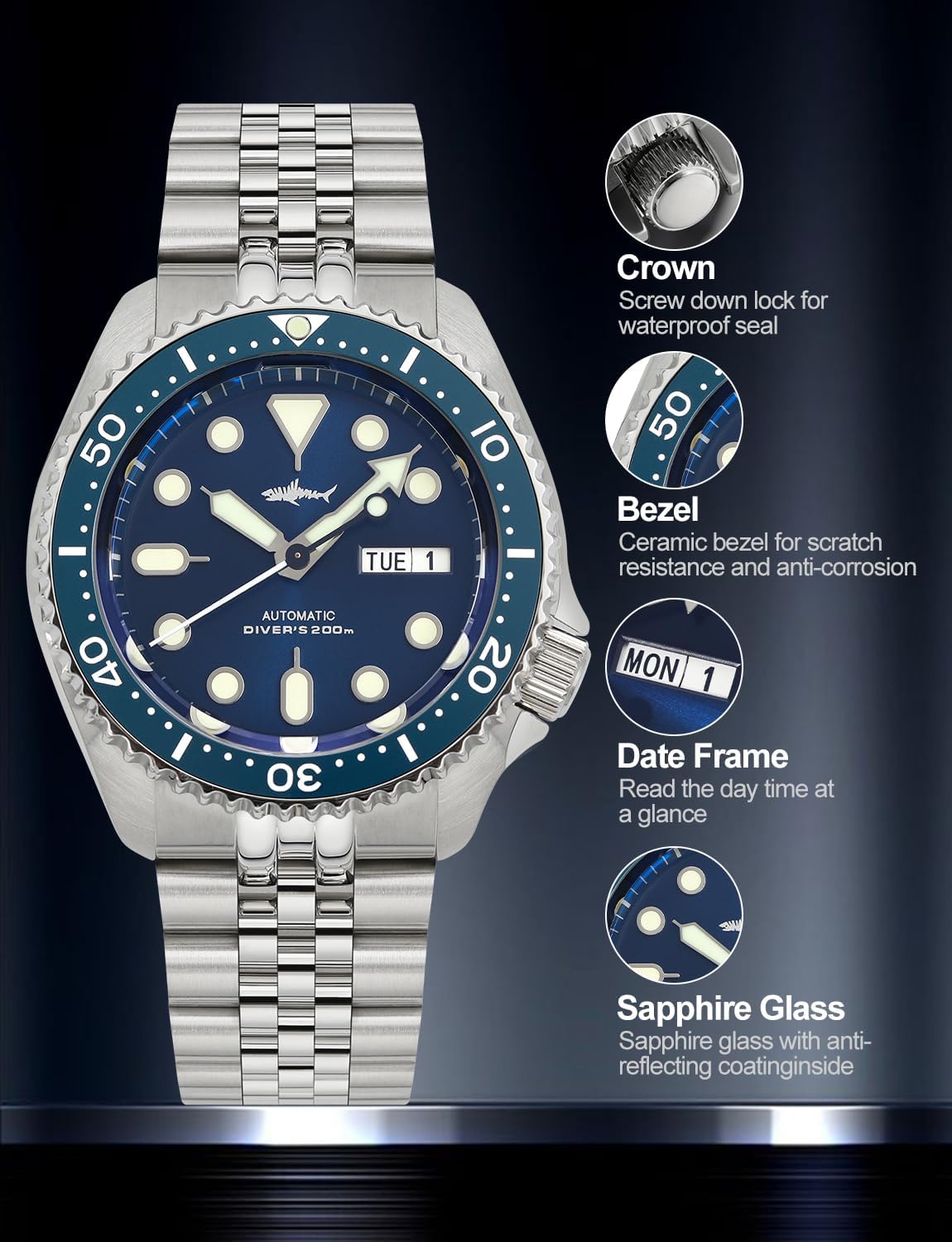 TACTICAL FROG Heimdallr SKX007 Relojes para hombre, movimiento NH36A, cristal de zafiro, buceo automático, 200M, C3 luminoso, esfera de 42mm