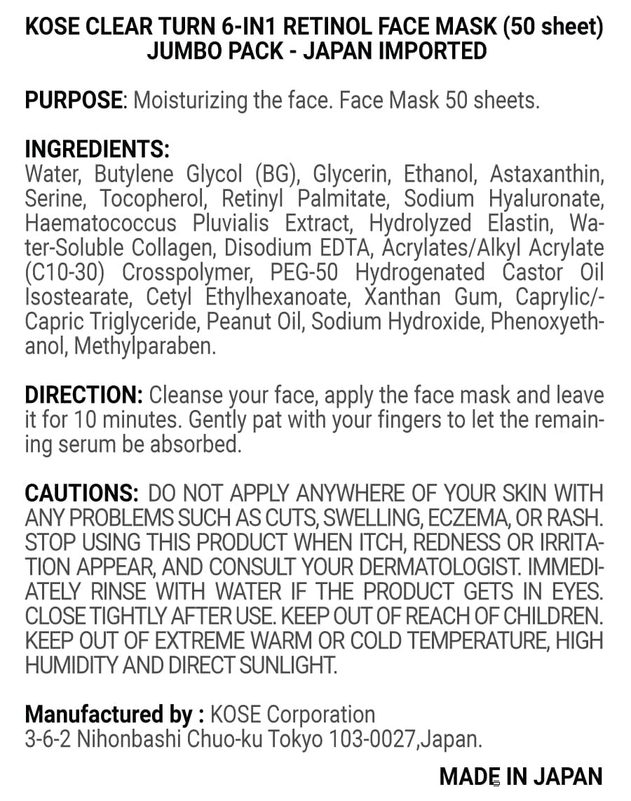 Kose Clear Turn - Mascarilla facial de retinol 6 en 1 (50 hojas), p...