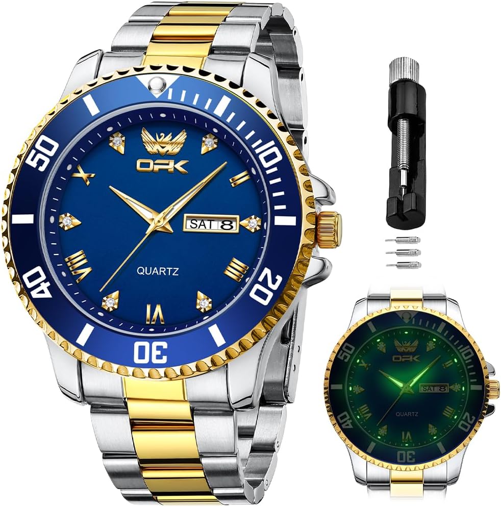 OPK Relojes para hombres de diamantes romanos analógicos relojes impermeables grandes de acero inoxidable para hombre, reloj de pulsera de negocios para padre, reloj de regalo, azul