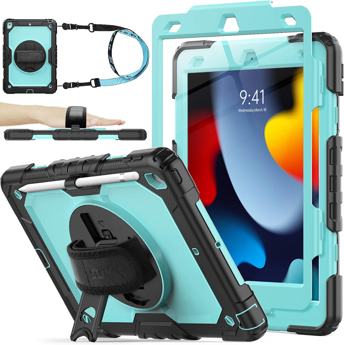 SEYMAC stock Funda para iPad de 9ª, 8ª, 7ª generación de 10.2 pulgadas, a prueba de golpes, con protector de pantalla, portalápices [correa de mano giratoria de 360°] y soporte, para iPad de 10.2
