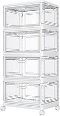 Kmiectse Contenedores de almacenamiento transparentes con tapas - Contenedores de plástico de 4 niveles con ruedas, contenedor de almacenamiento apilable, caja organizadora de armario para dormitorio