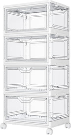 Kmiectse Contenedores de almacenamiento transparentes con tapas - Contenedores de plástico de 4 niveles con ruedas, contenedor de almacenamiento apilable, caja organizadora de armario para dormitorio