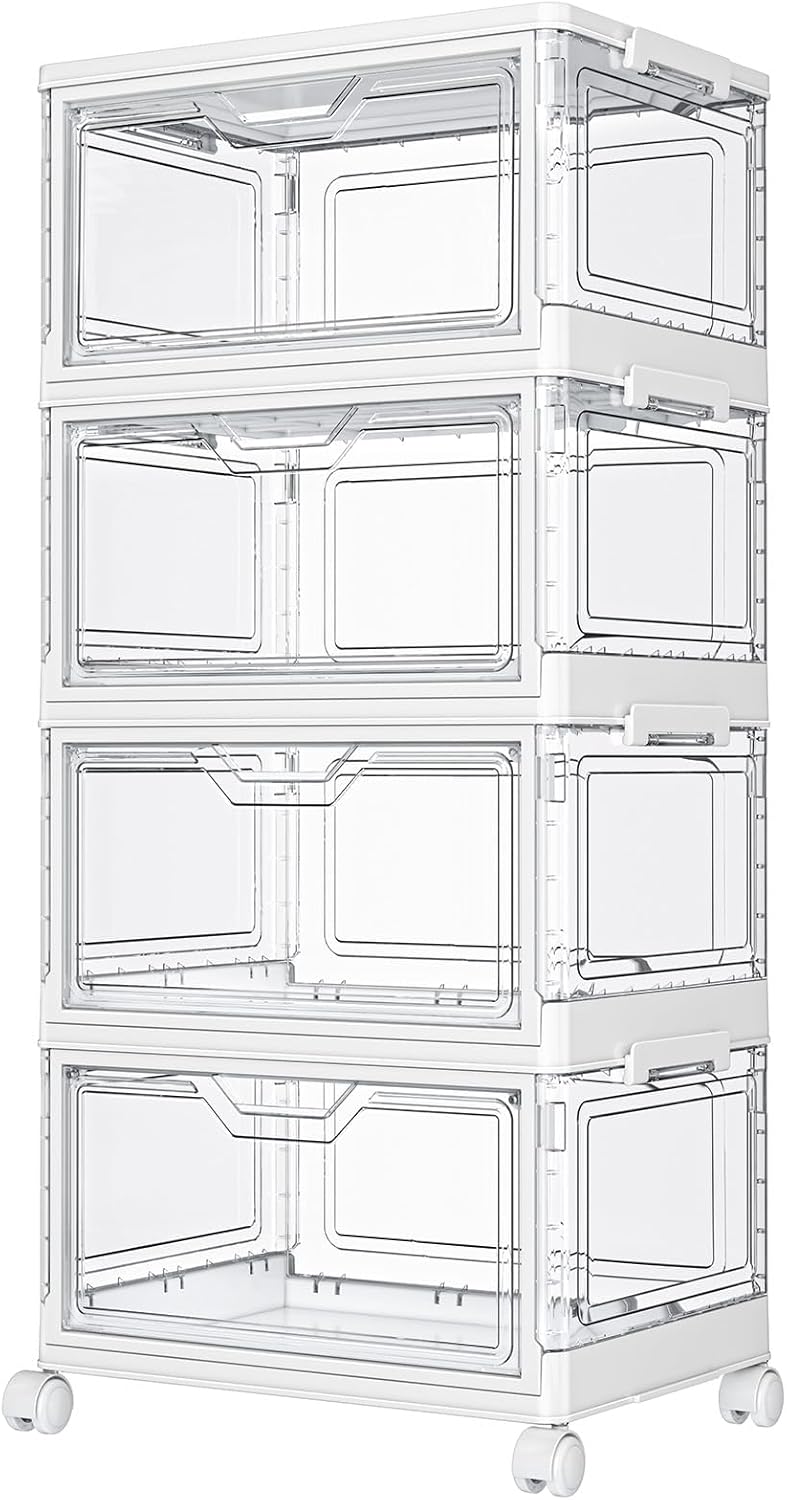 Kmiectse Contenedores de almacenamiento transparentes con tapas - Contenedores de plástico de 4 niveles con ruedas, contenedor de almacenamiento apilable, caja organizadora de armario para dormitorio
