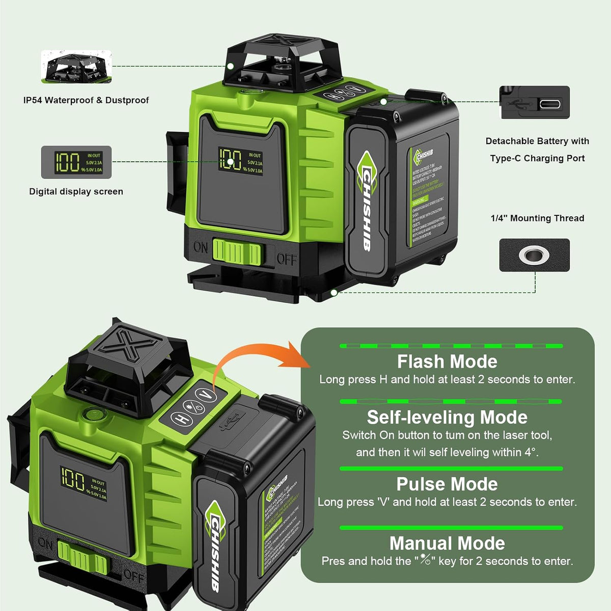 WEIDDW Nivel láser 360 ° Línea cruzada verde herramienta de medición láser autonivelante