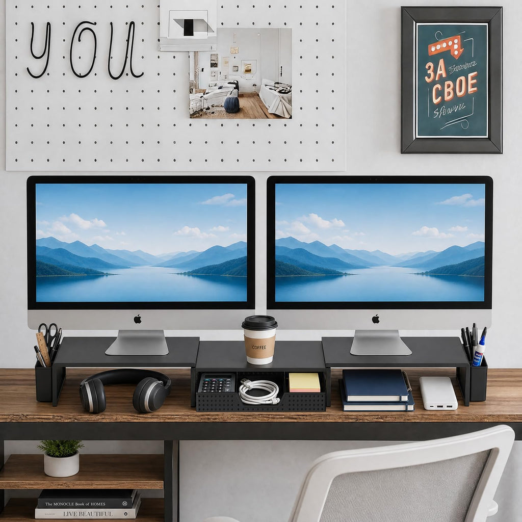 Soporte elevador para monitor doble con cajón y 2 soportes para