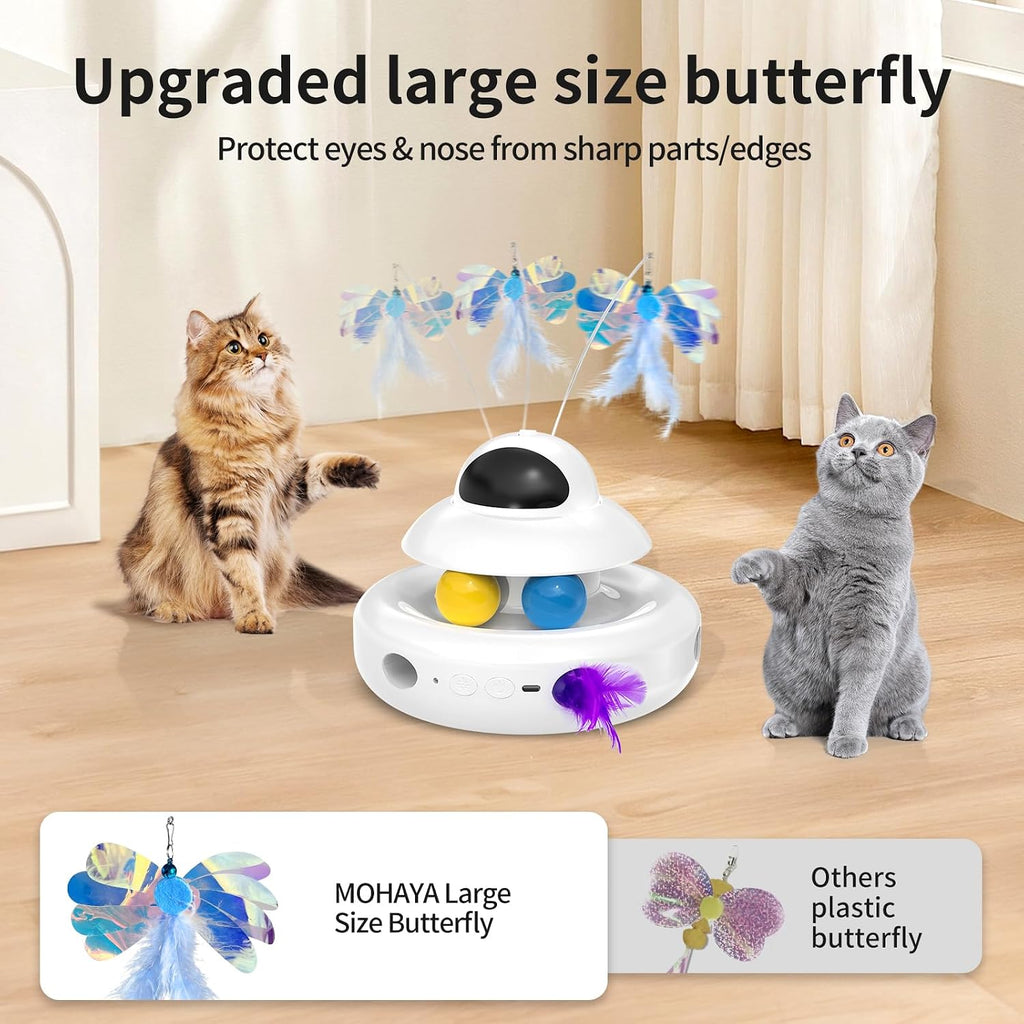 MOHAYA Juguetes para gatos, juguete interactivo 4 en 1 para gatos de interior con láser, mariposa aleteante, plumas en movimiento y bolas de pista, juguete para gatitos recargable por USB (blanco)