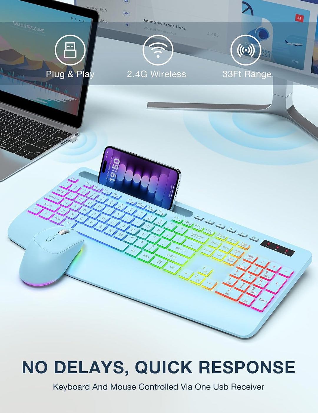 Combo de teclado y mouse inalámbricos, 9 efectos retroiluminados, r...