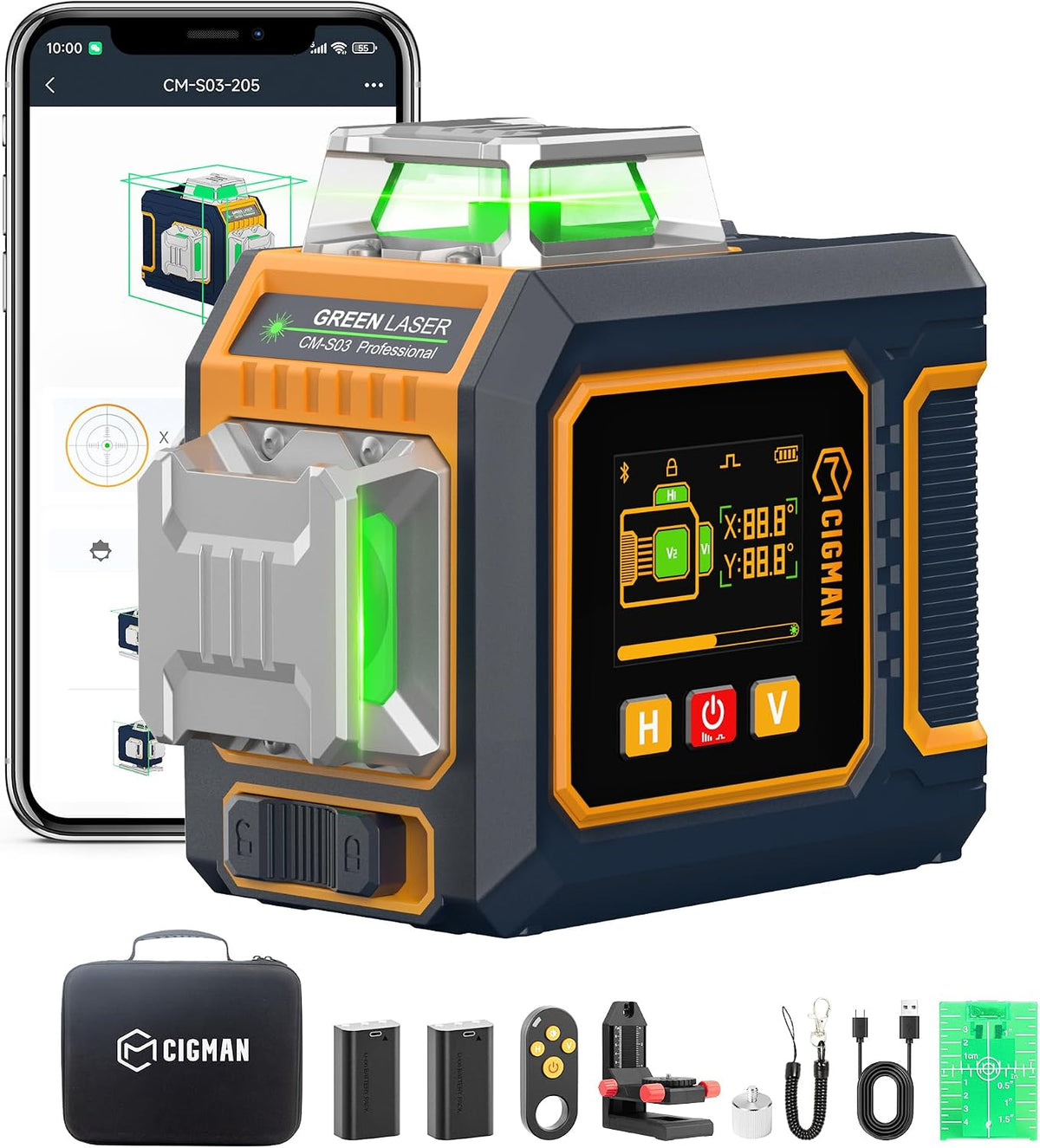 CIGMAN Nivel láser verde, LCD lateral de 3 x 360 ° de 12 líneas autonivelante, control remoto de aplicación Bluetooth, modo de pulso para receptor, ± 1/8 pulgadas a 33 pies de precisión