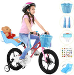 Asiento de bicicleta de muñeca con 30 calcomanías de calcomanías, cesta de bicicleta para niños, manillar de bicicleta, cintas coloridas, borla, margarita, campana de bicicleta para niñas