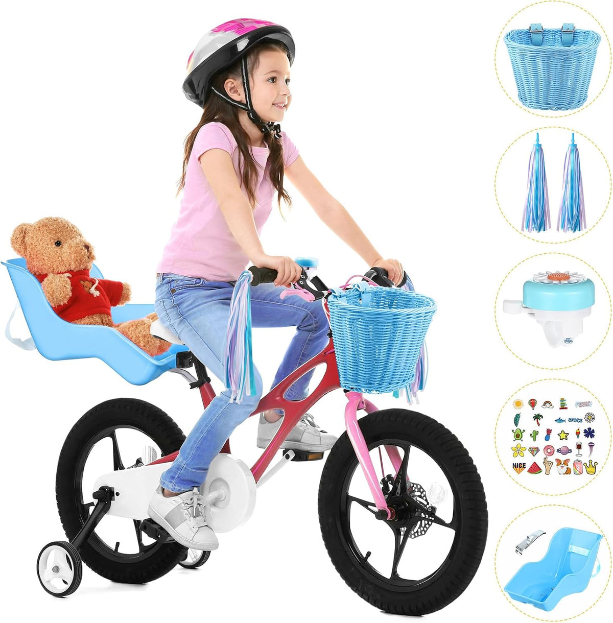 Asiento de bicicleta de muñeca con 30 calcomanías de calcomanías, cesta de bicicleta para niños, manillar de bicicleta, cintas coloridas, borla, margarita, campana de bicicleta para niñas