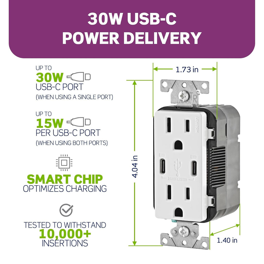 Leviton Decora - Toma de pared USB-C PD de 30 W, receptáculo TR de 15 A