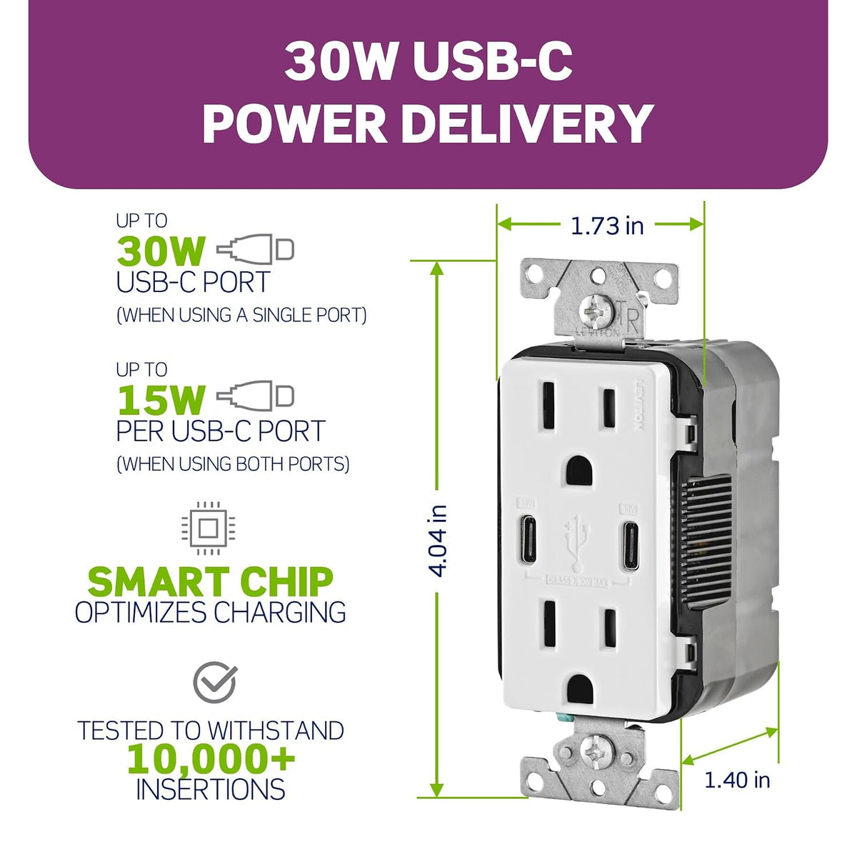 Leviton Decora - Toma de pared USB-C PD de 30 W, receptáculo TR de 15 A
