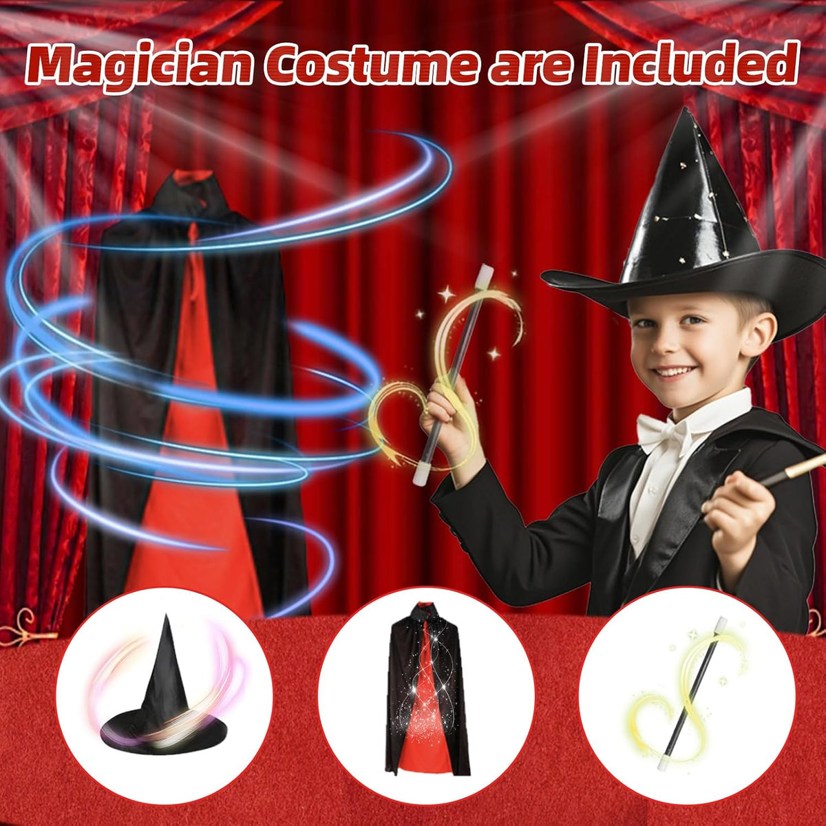 Kit de trucos de magia, 30 en 1, juego de magia para niños de 6, 7, 8, 9, 10, 11, 12, disfraz de mago para juego de simulación e instrucciones en video paso a paso para cada truco para principiantes, regalos de cumpleaños para niños